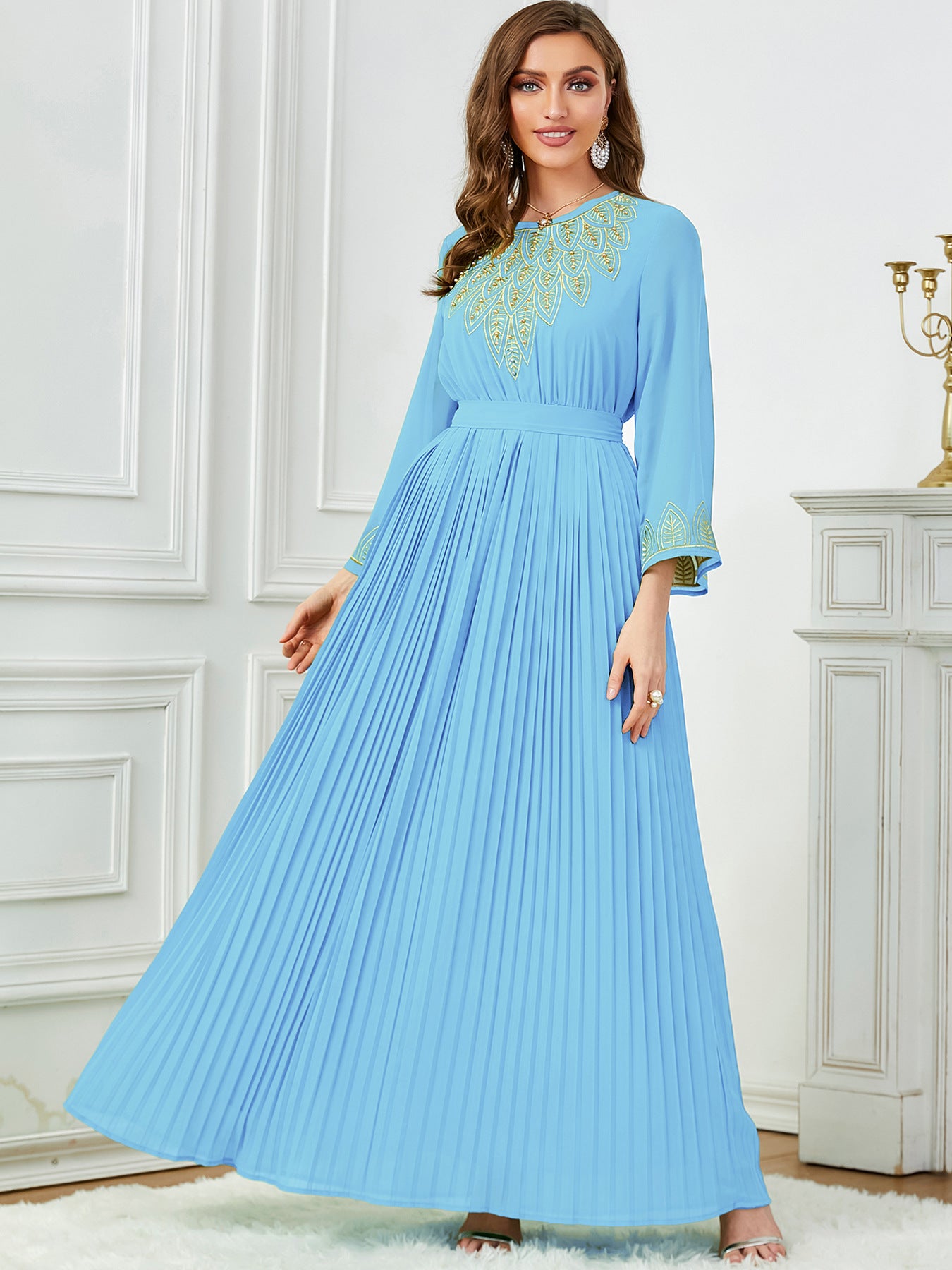 Dubai Elegant Pleated Embroidered Chiffon Dress