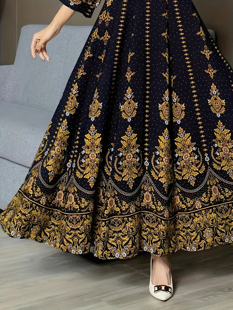 Ethnic Lantern Sleeve Embroidered Maxi Dress Blue