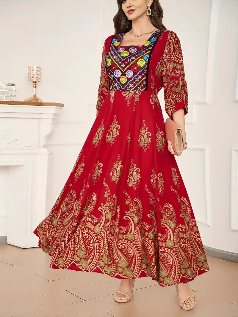 Bohemian Grace | Free Size Embroidered Maxi Dress Red