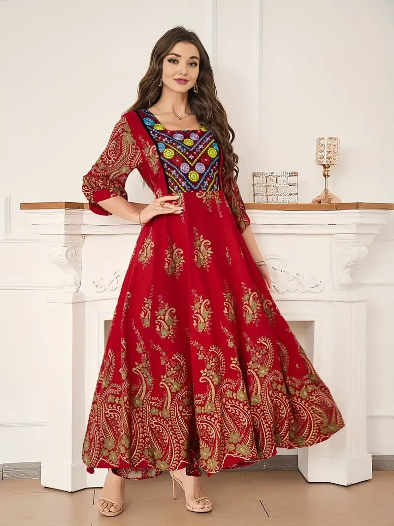 Bohemian Grace | Free Size Embroidered Maxi Dress Red