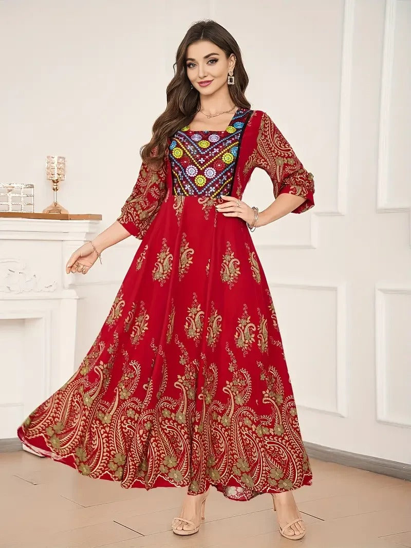 Bohemian Grace | Free Size Embroidered Maxi Dress Red