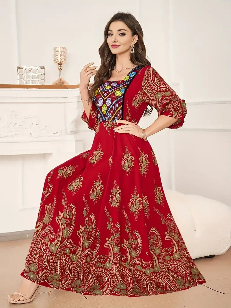 Bohemian Grace | Free Size Embroidered Maxi Dress Red
