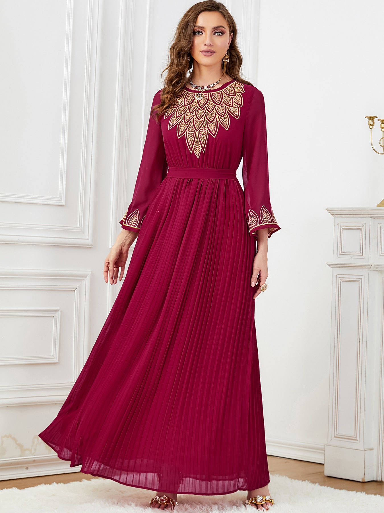 Dubai Elegant Pleated Embroidered Chiffon Dress