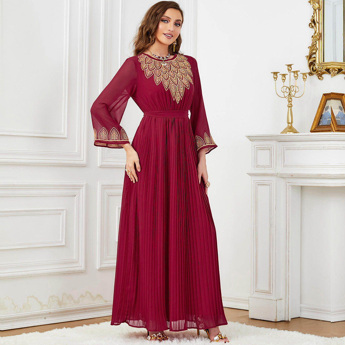 Dubai Elegant Pleated Embroidered Chiffon Dress