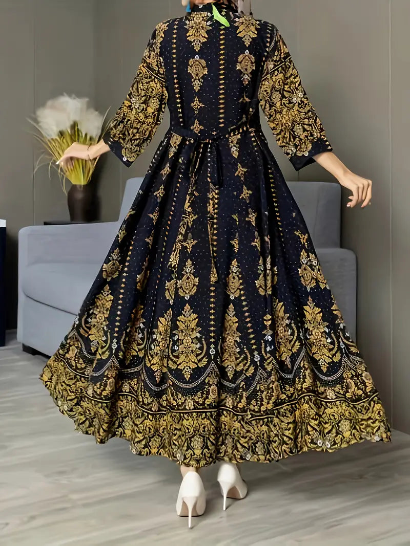 Ethnic Lantern Sleeve Embroidered Maxi Dress Blue