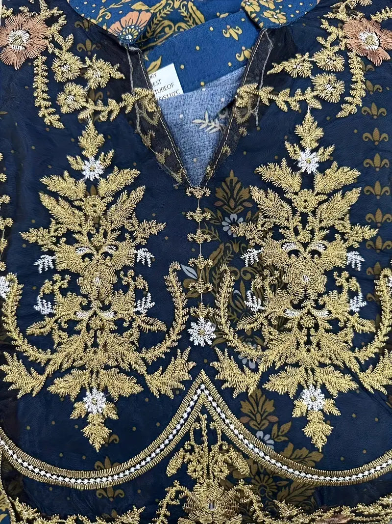 Ethnic Lantern Sleeve Embroidered Maxi Dress Blue
