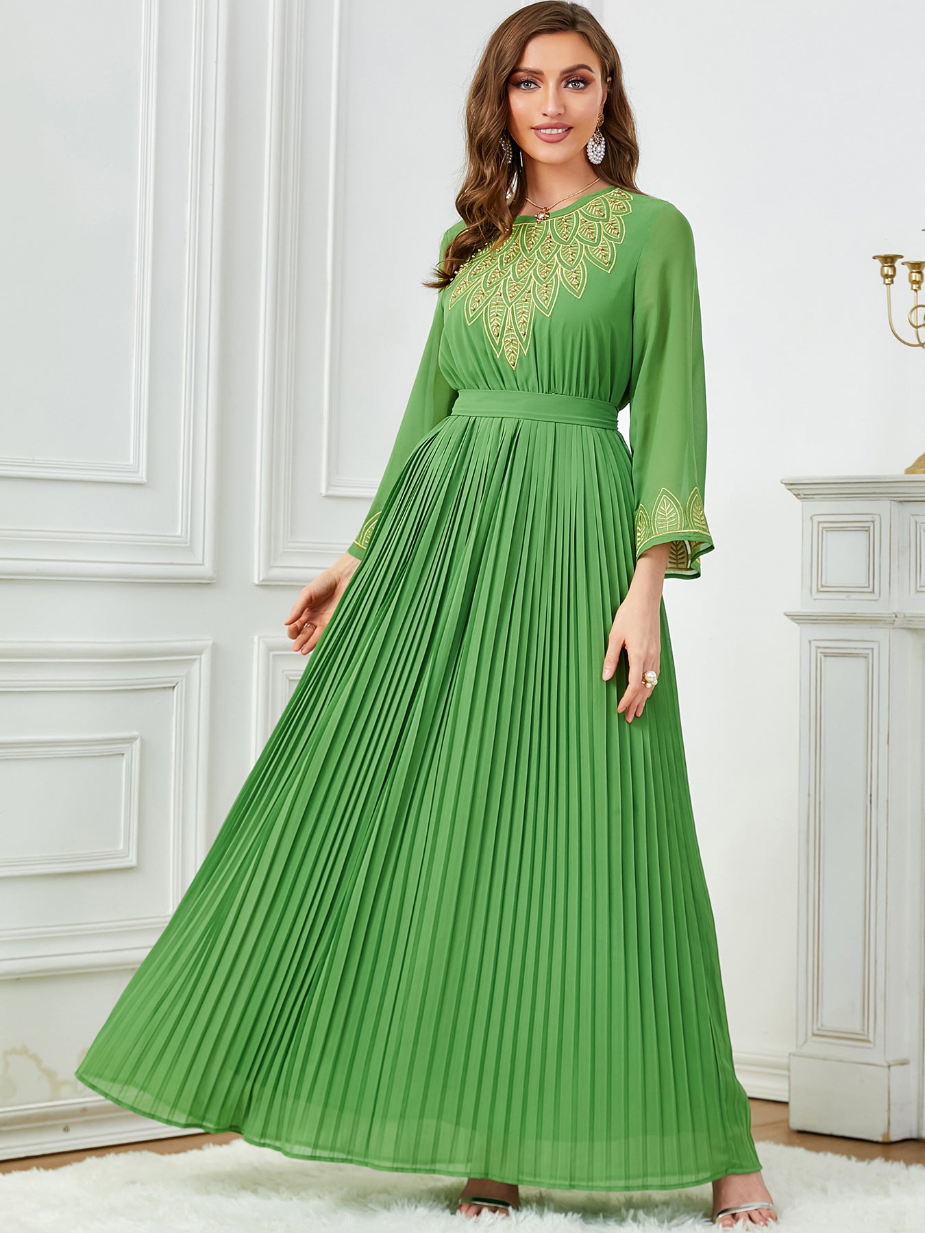 Dubai Elegant Pleated Embroidered Chiffon Dress