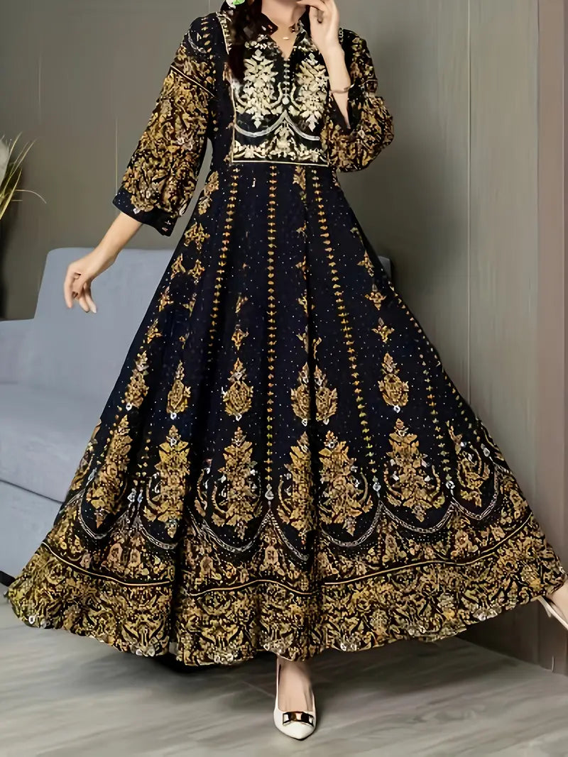 Ethnic Lantern Sleeve Embroidered Maxi Dress Blue