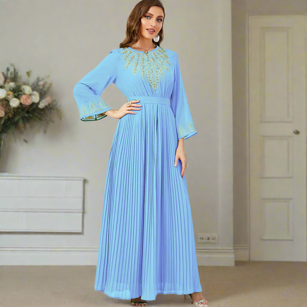Dubai Elegant Pleated Embroidered Chiffon Dress