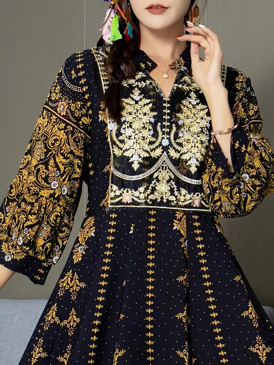 Ethnic Lantern Sleeve Embroidered Maxi Dress Black