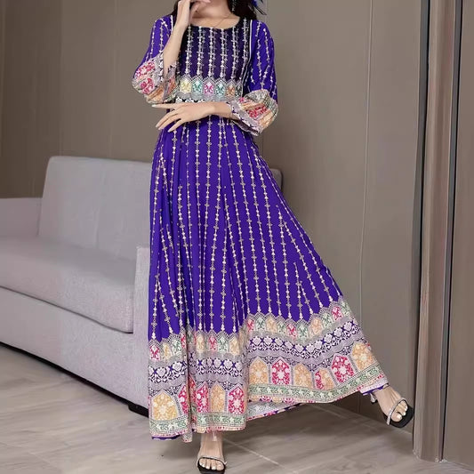 Embroidery Ethnic Style Maxi Dress Purple