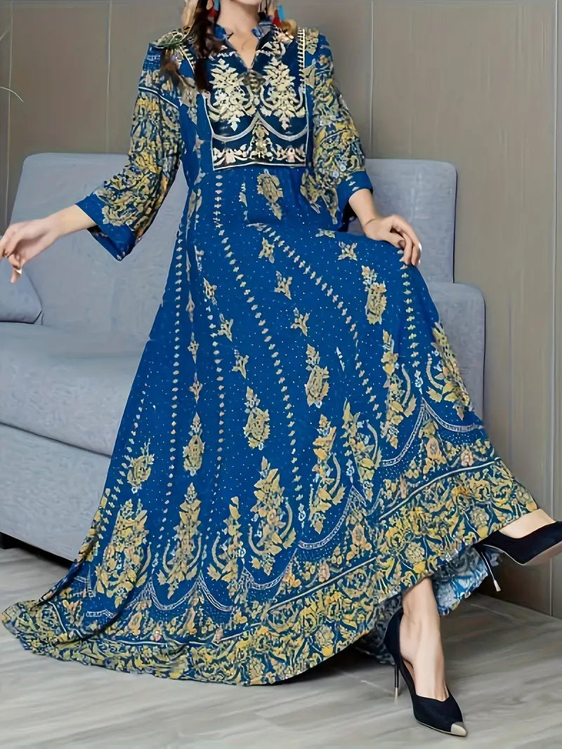 Ethnic Lantern Sleeve Embroidered Maxi Dress Blue