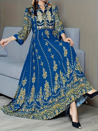 Ethnic Lantern Sleeve Embroidered Maxi Dress Blue