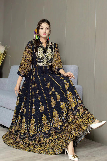 Ethnic Lantern Sleeve Embroidered Maxi Dress Blue