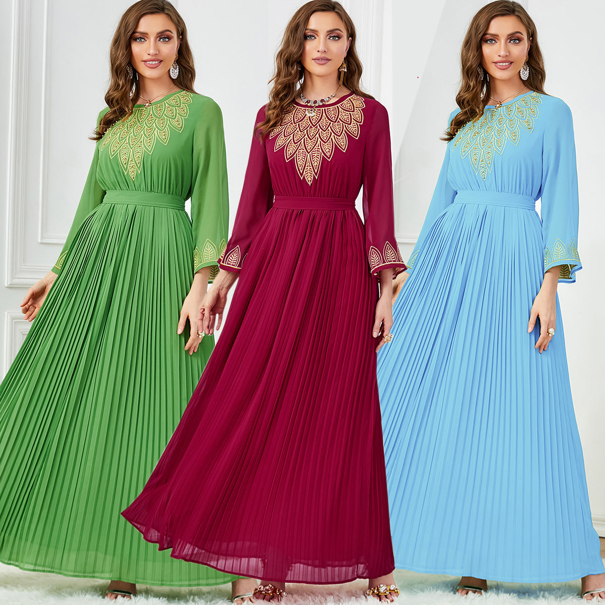 Dubai Elegant Pleated Embroidered Chiffon Dress