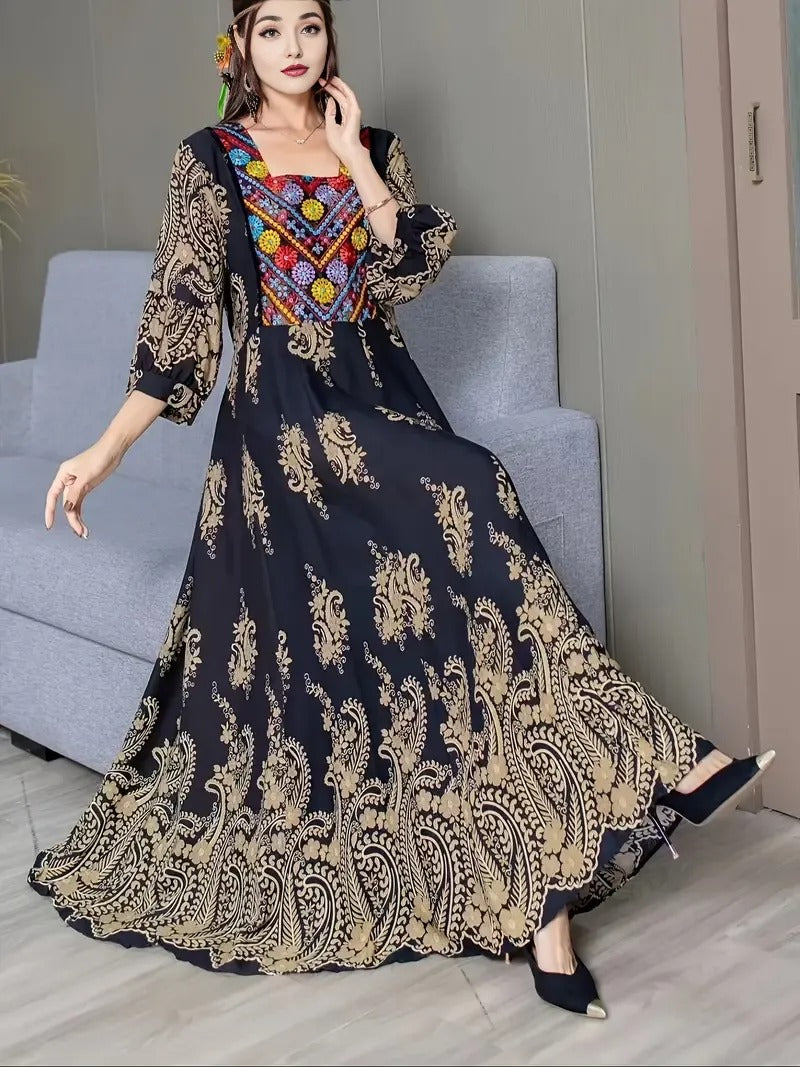 Bohemian Grace | Free Size Embroidered Maxi Dress Black