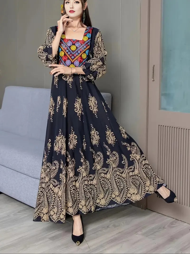 Bohemian Grace | Free Size Embroidered Maxi Dress Black