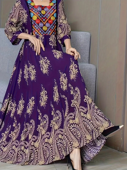Bohemian Grace | Free Size Embroidered Maxi Dress Purple