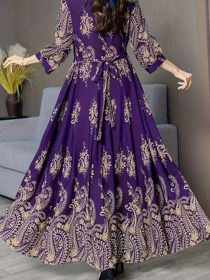 Bohemian Grace | Free Size Embroidered Maxi Dress Purple