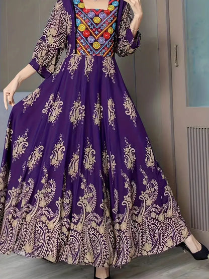 Bohemian Grace | Free Size Embroidered Maxi Dress Purple