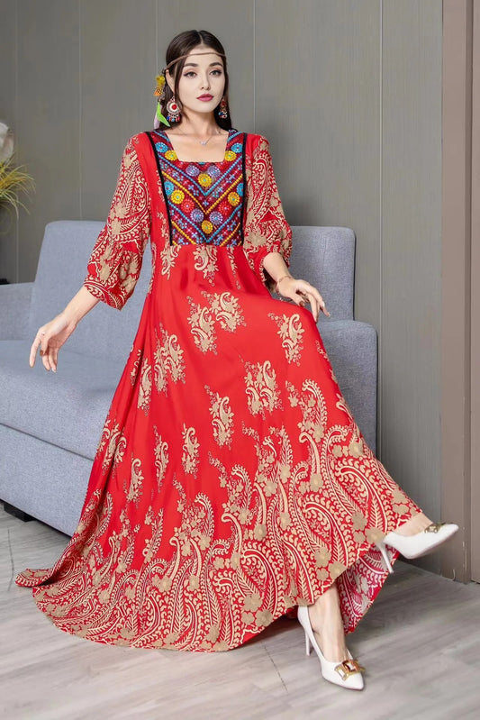 Bohemian Grace | Free Size Embroidered Maxi Dress Red