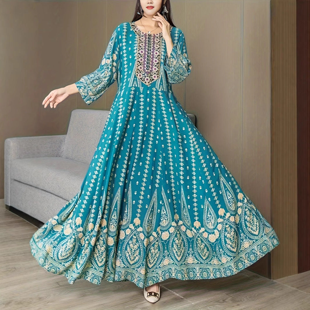 Bohemian Ethnic Maxi Dress Lake Blue