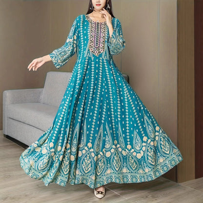 Bohemian Ethnic Maxi Dress Lake Blue