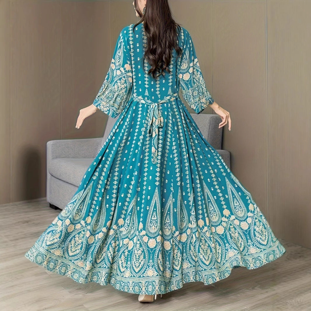 Bohemian Ethnic Maxi Dress Lake Blue