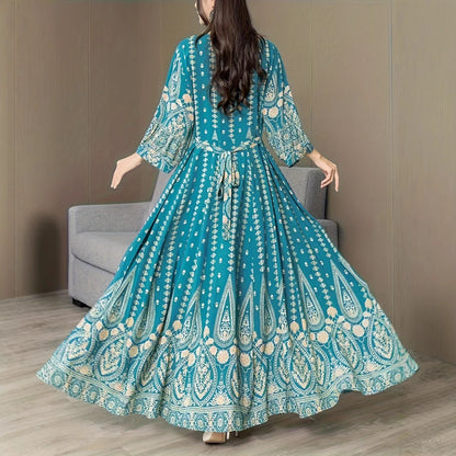 Bohemian Ethnic Maxi Dress Lake Blue