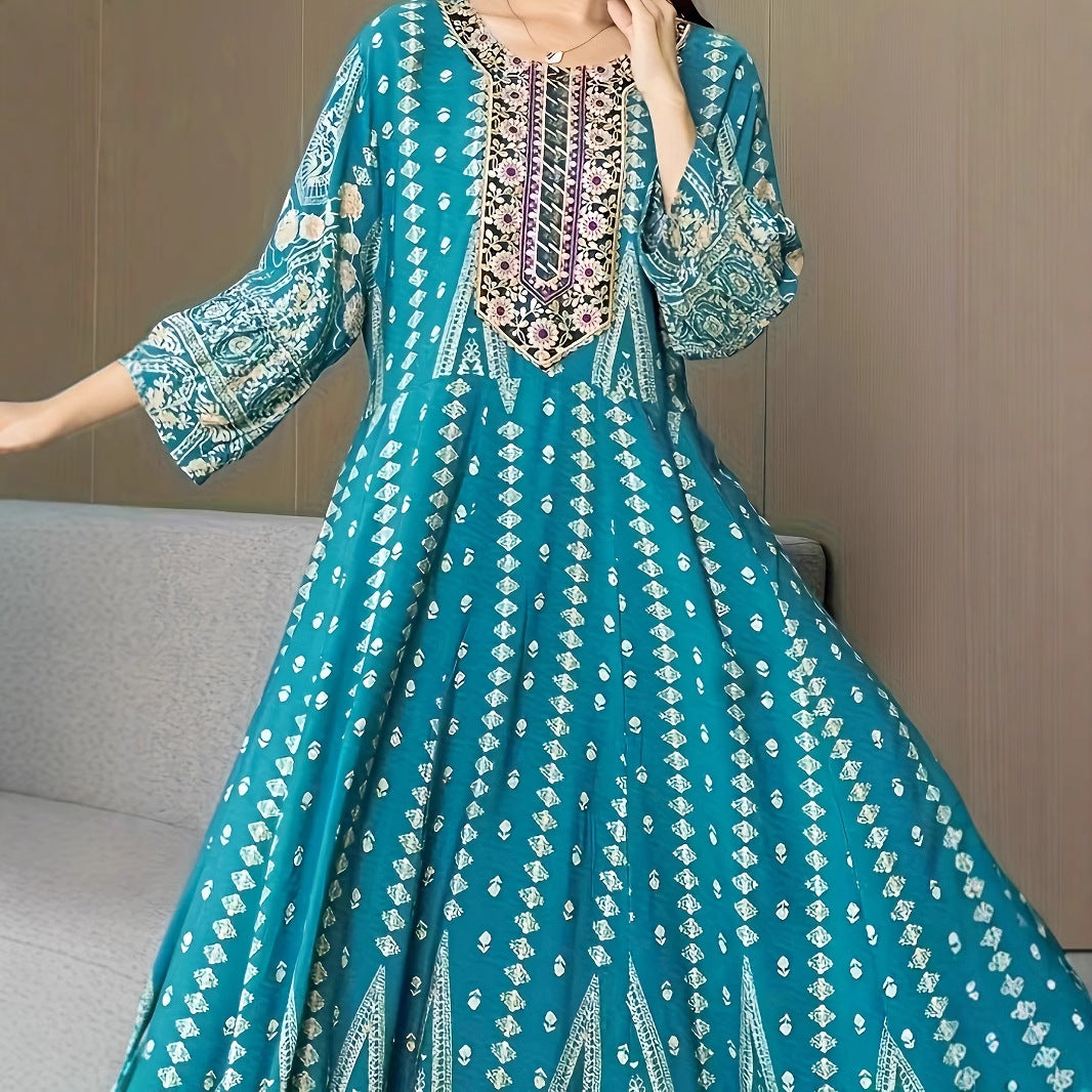Bohemian Ethnic Maxi Dress Lake Blue