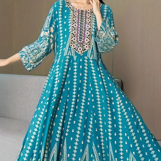 Bohemian Ethnic Maxi Dress Lake Blue