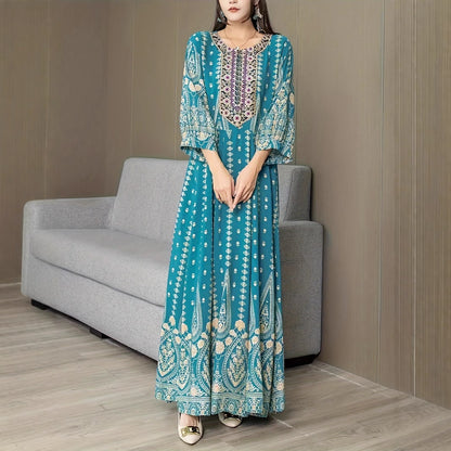 Bohemian Ethnic Maxi Dress Lake Blue