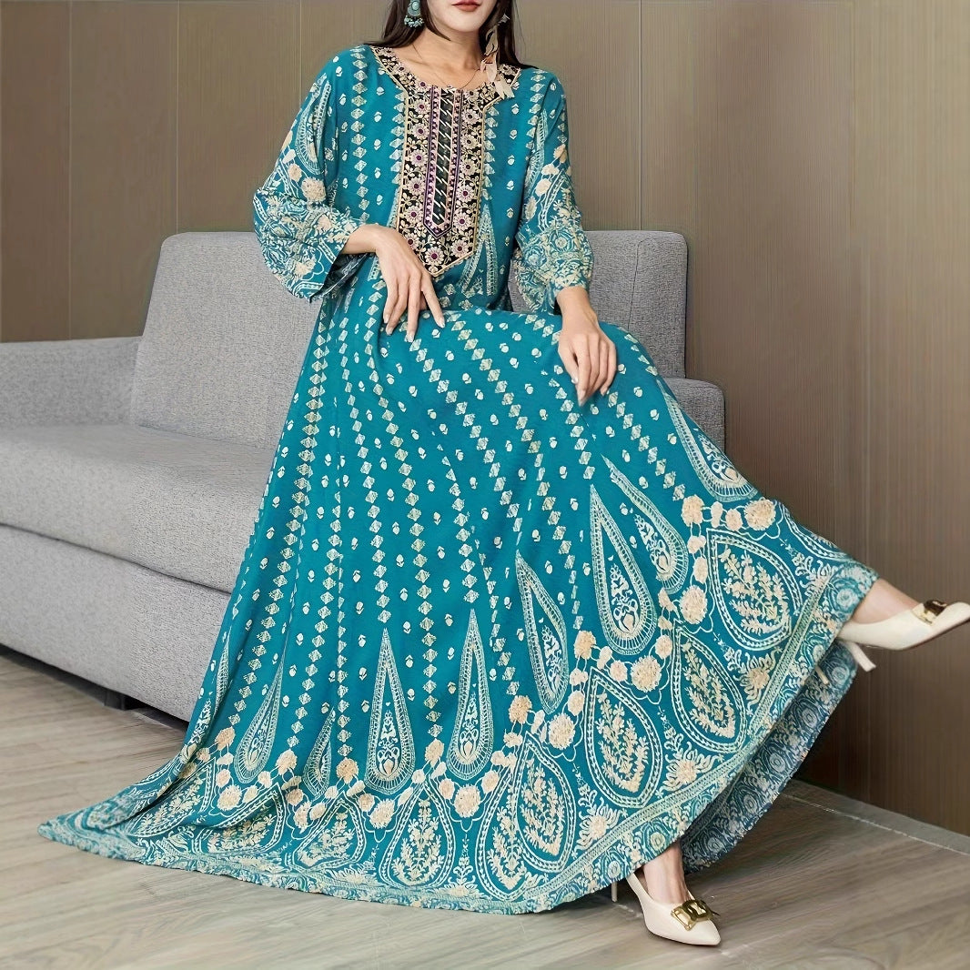 Bohemian Ethnic Maxi Dress Lake Blue