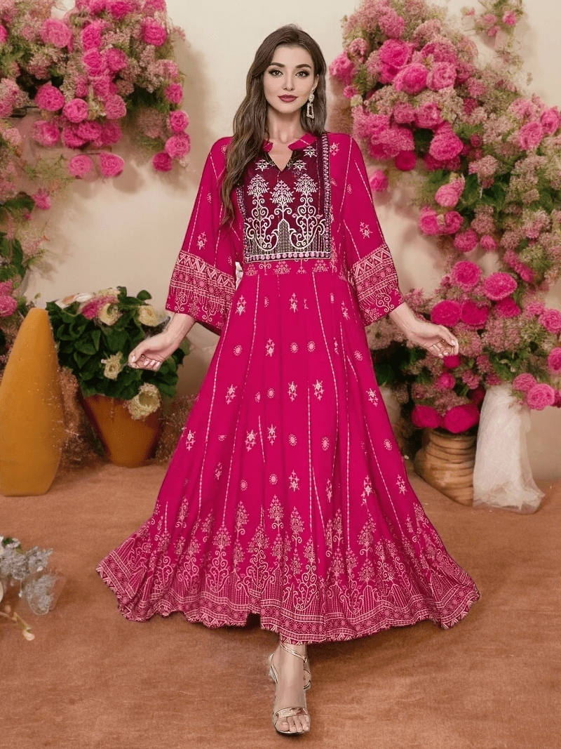 Bohemian Pink Lantern Sleeve A-Line Maxi Dress
