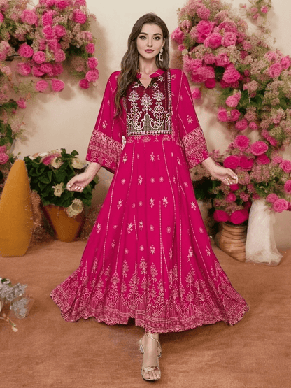 Bohemian Pink Lantern Sleeve A-Line Maxi Dress
