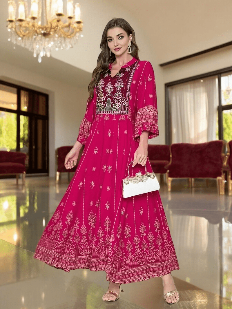 Bohemian Pink Lantern Sleeve A-Line Maxi Dress