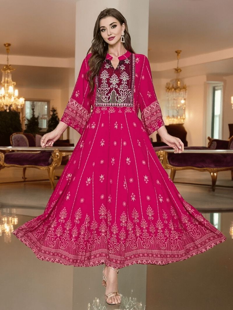 Bohemian Pink Lantern Sleeve A-Line Maxi Dress