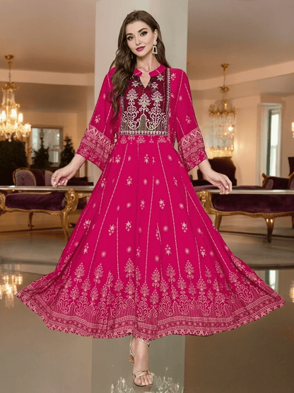 Bohemian Pink Lantern Sleeve A-Line Maxi Dress