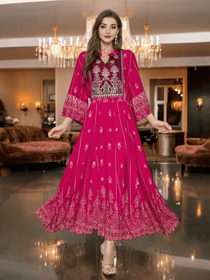 Bohemian Pink Lantern Sleeve A-Line Maxi Dress
