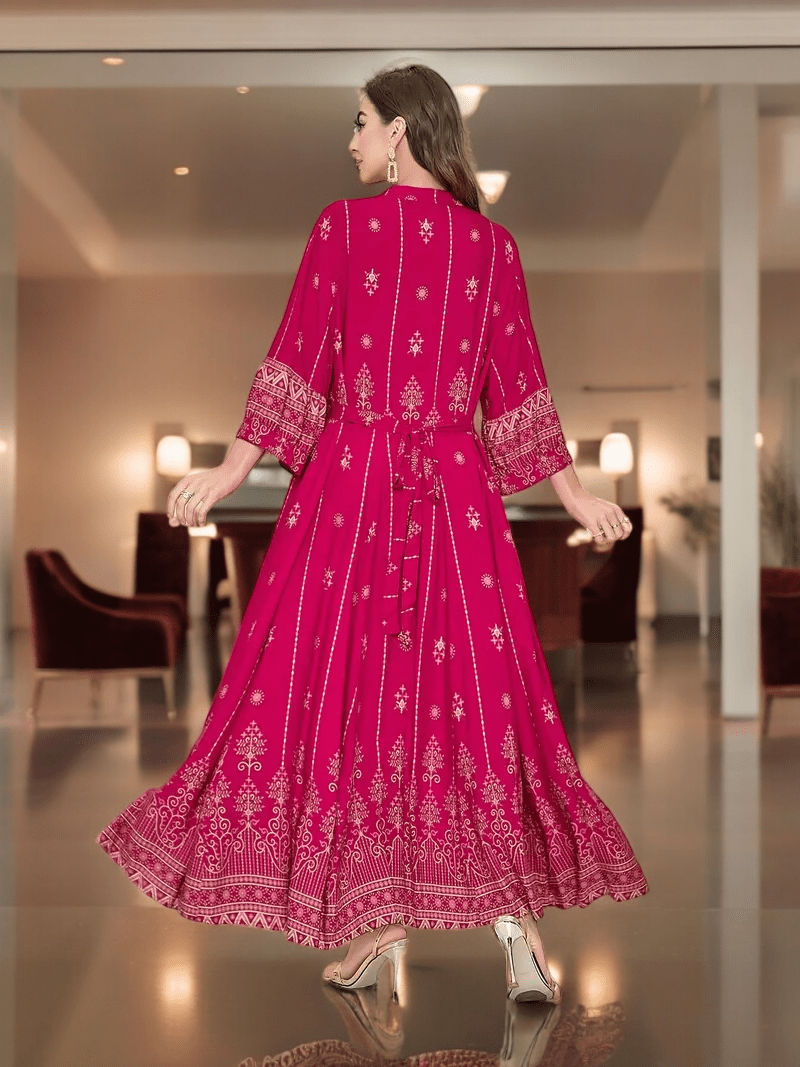 Bohemian Pink Lantern Sleeve A-Line Maxi Dress