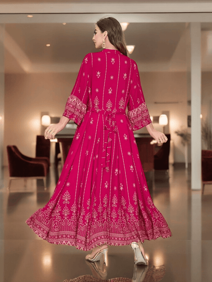 Bohemian Pink Lantern Sleeve A-Line Maxi Dress