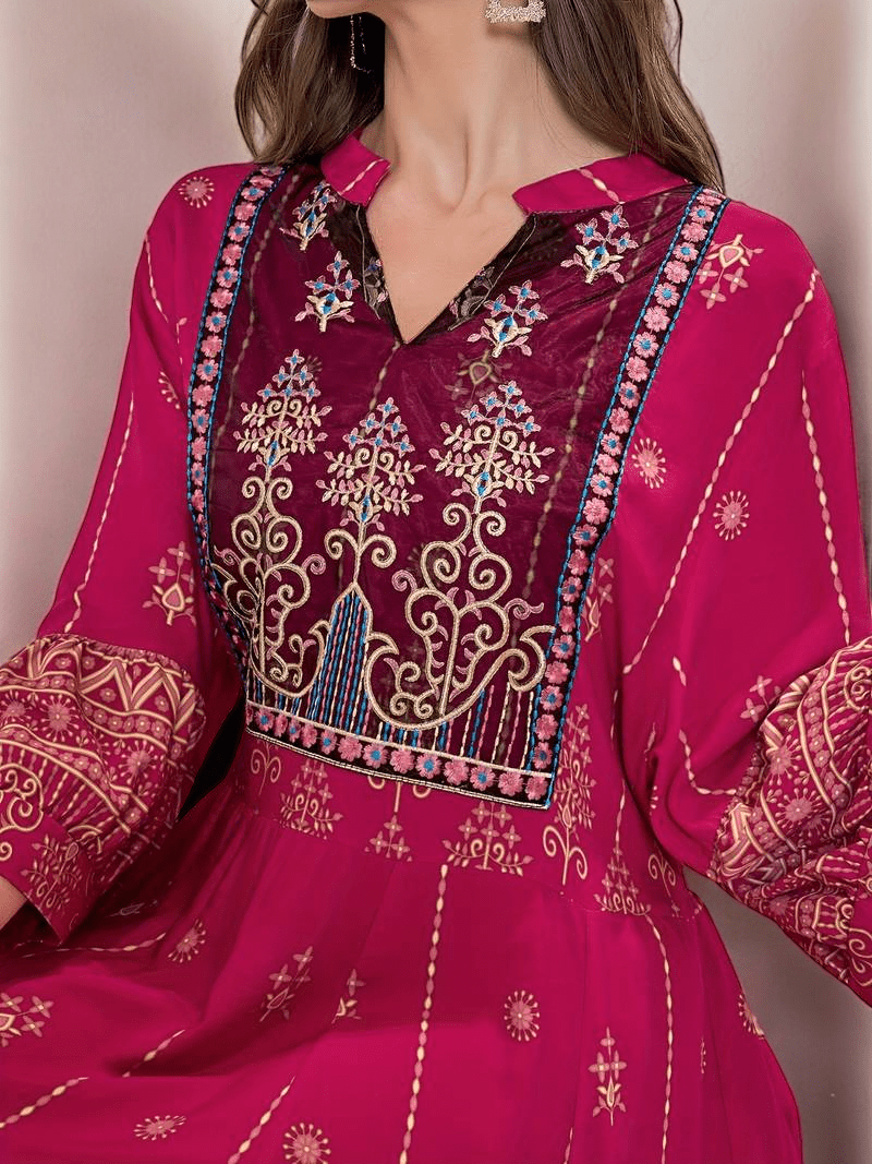 Bohemian Pink Lantern Sleeve A-Line Maxi Dress