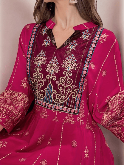 Bohemian Pink Lantern Sleeve A-Line Maxi Dress