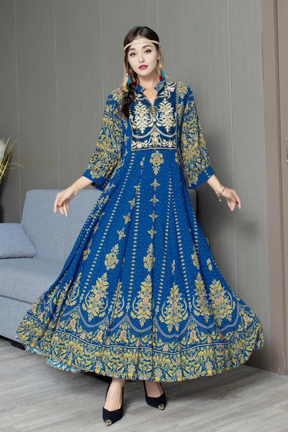 Ethnic Lantern Sleeve Embroidered Maxi Dress Blue