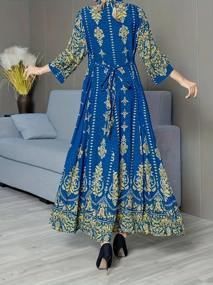 Ethnic Lantern Sleeve Embroidered Maxi Dress Blue