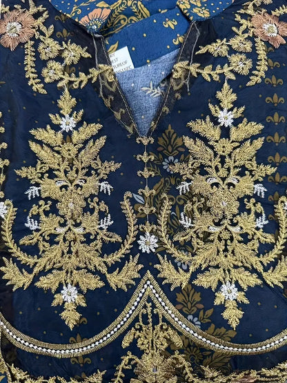 Ethnic Lantern Sleeve Embroidered Maxi Dress Blue