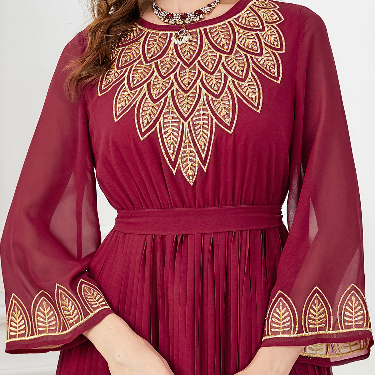 Dubai Elegant Pleated Embroidered Chiffon Dress