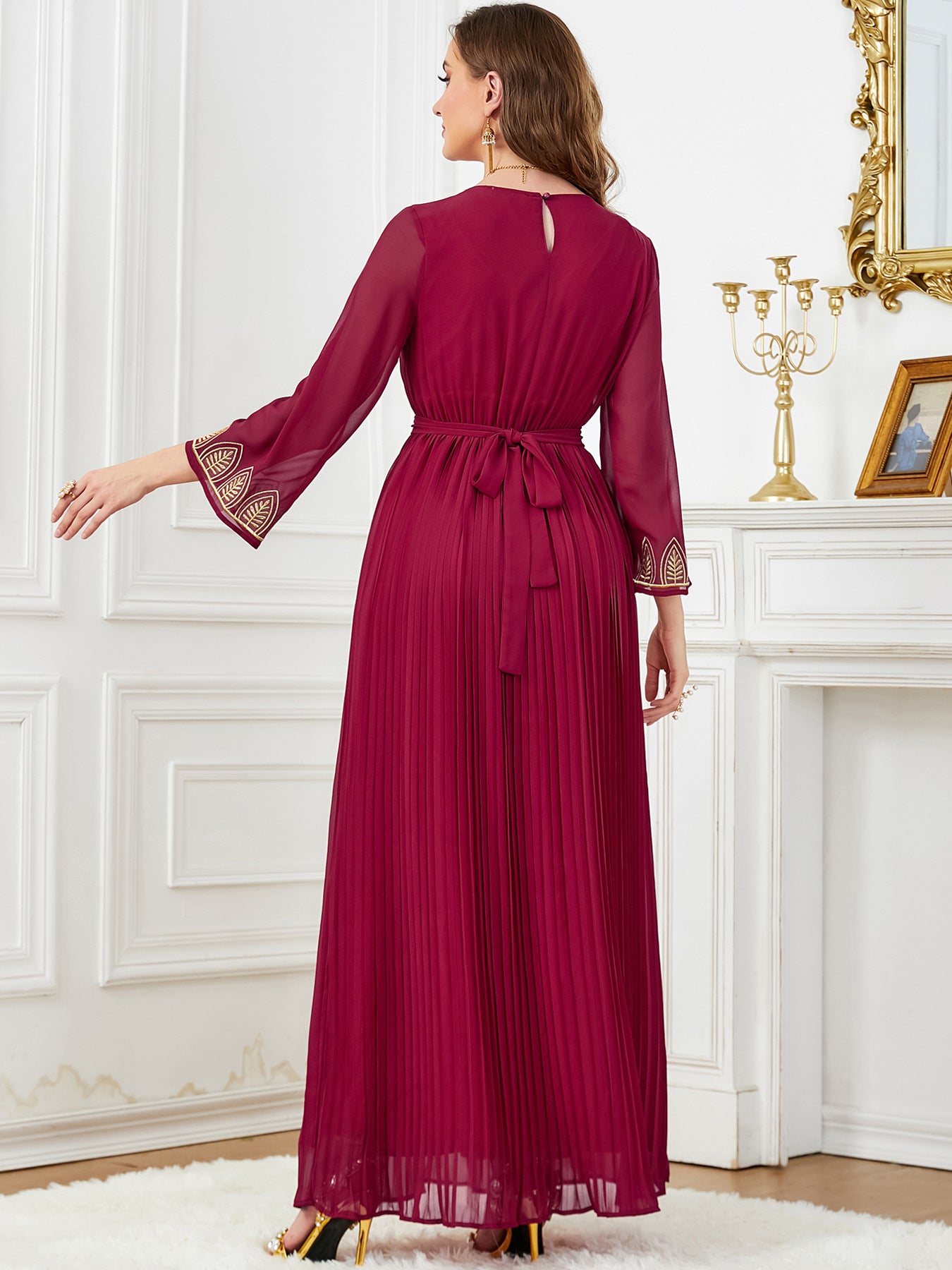 Dubai Elegant Pleated Embroidered Chiffon Dress