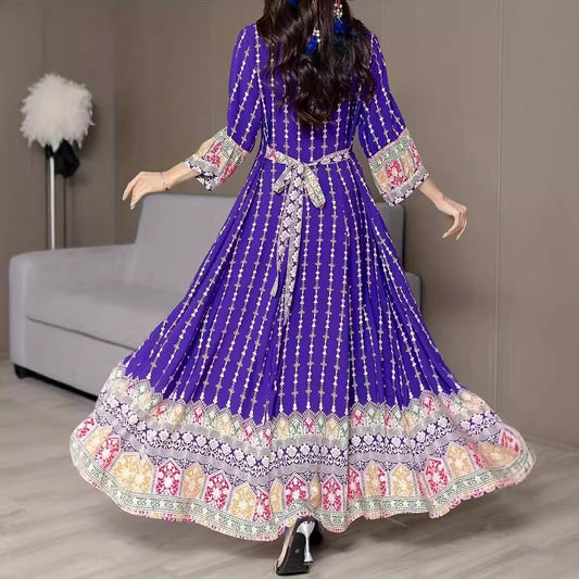 Embroidery Ethnic Style Maxi Dress Purple